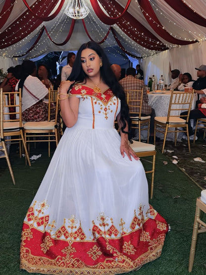 Red Ethiopian Dress Cotton Handcrafted Tibeb Embroidery for Cultural Events
