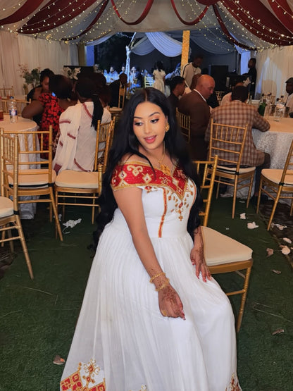Red Ethiopian Dress Cotton Handcrafted Tibeb Embroidery for Cultural Events