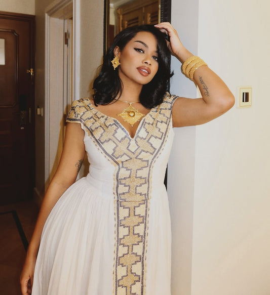 Classic White Ethiopian Habesha Dress with Colorful Handwoven Embroidery – Traditional Culture Dress for Women