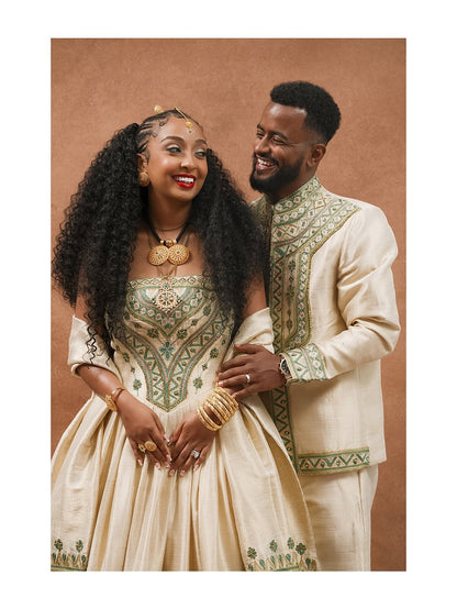 Couple in traditional Couple Set posing against a brown background