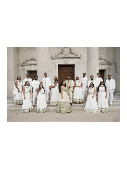 Group of people in formal Couple Set standing in front of a classical building.