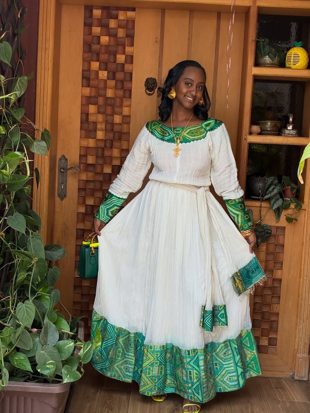 Green Ethiopian Traditional Dress – Graceful Outfit for Weddings, Church Services & Cultural Celebrations