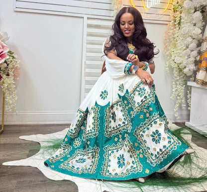 Green Ethiopian Kemis with Wide Tibeb – Traditional Habesha Dress with Bold Woven Detail for Cultural Events