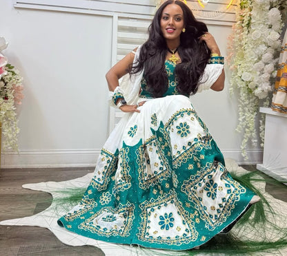 Green Ethiopian Kemis with Wide Tibeb – Traditional Habesha Dress with Bold Woven Detail for Cultural Events