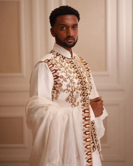 Habesha Men's Vest with Brown & Gold Tibeb – Elegant Ethiopian Ocassional Wear