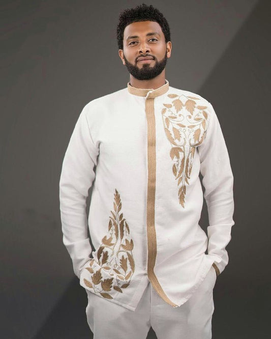 White Habesha Shirt with Gold Leaf Embroidery – Modern Ethiopian Men's Wear