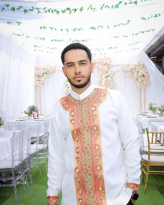 Modern Habesha Men's Shirt with Red Tibeb – Ethiopian Traditional Outfit