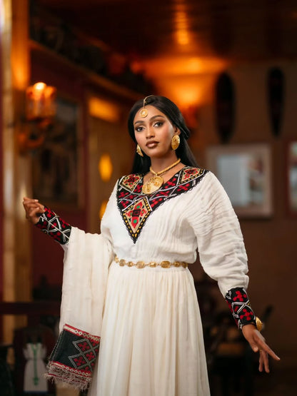 Woman in a traditional outfit with intricate patterns in a warm-toned room.