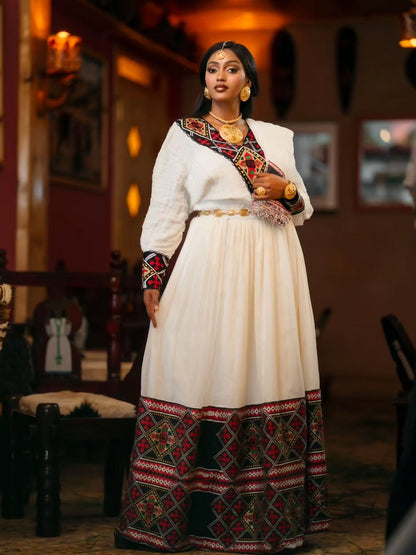 Habesha Dress with Multicolor Tilf & Bishop Sleeves – Ethiopian Traditional Dress for Timkat, Weddings & Cultural Events