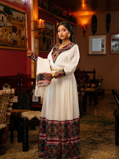 Habesha Dress with Multicolor Tilf & Bishop Sleeves – Ethiopian Traditional Dress for Timkat, Weddings & Cultural Events