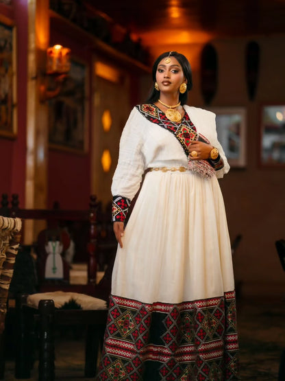 Habesha Dress with Multicolor Tilf & Bishop Sleeves – Ethiopian Traditional Dress for Timkat, Weddings & Cultural Events