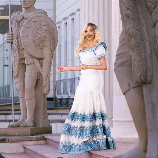 Blue Celebration Habesha Kemis – Luxury Ethiopian Cultural Dress by Enku Design