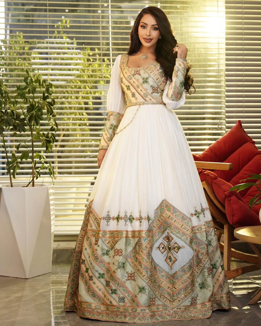 Gold-Embroidered Habesha Kemis by Enku Design – Luxury Ethiopian Bridal Dress