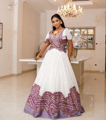 Purple Ethiopian Wedding Dress – Luxury Handwoven Kemis by ENKU Design| Modern Ethiopian Wedding Outfit