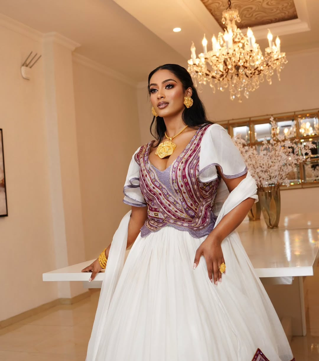 Purple Ethiopian Wedding Dress – Luxury Handwoven Kemis by ENKU Design| Modern Ethiopian Wedding Outfit M