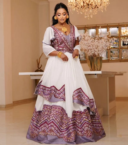 Purple Ethiopian Wedding Dress – Luxury Handwoven Kemis by ENKU Design| Modern Ethiopian Wedding Outfit