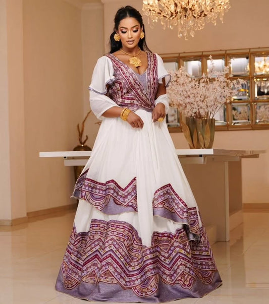 Purple Ethiopian Wedding Dress – Luxury Handwoven Kemis by ENKU Design| Modern Ethiopian Wedding Outfit