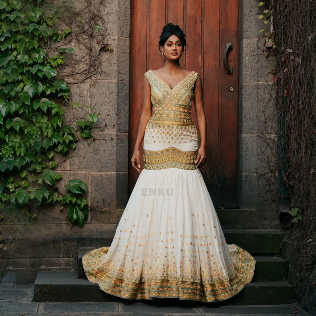 Matching Gold couple Habesha Outfit Set | Traditional Kemis for Her & Shirt for Him