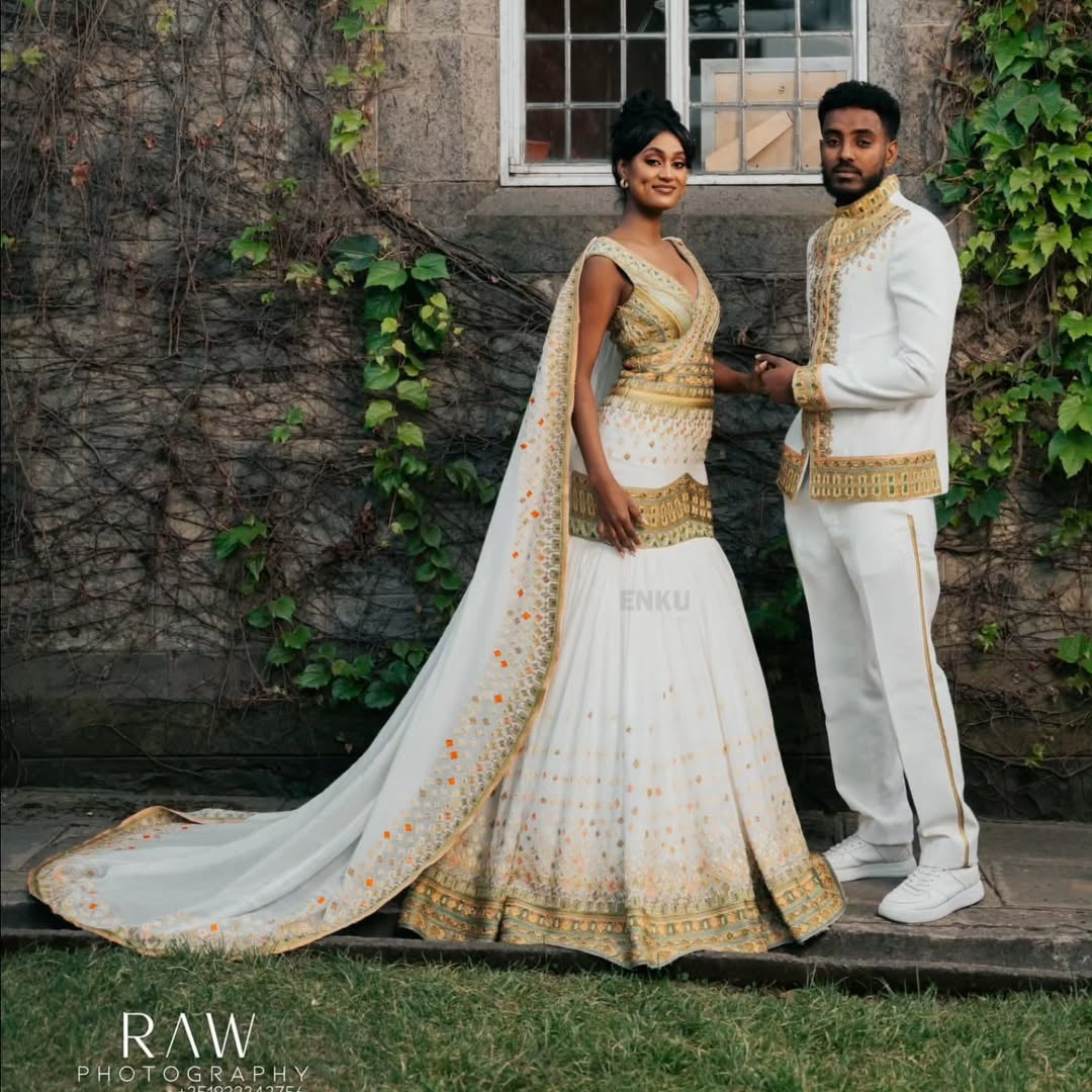 Matching Gold couple Habesha Outfit Set | Traditional Kemis for Her & Shirt for Him