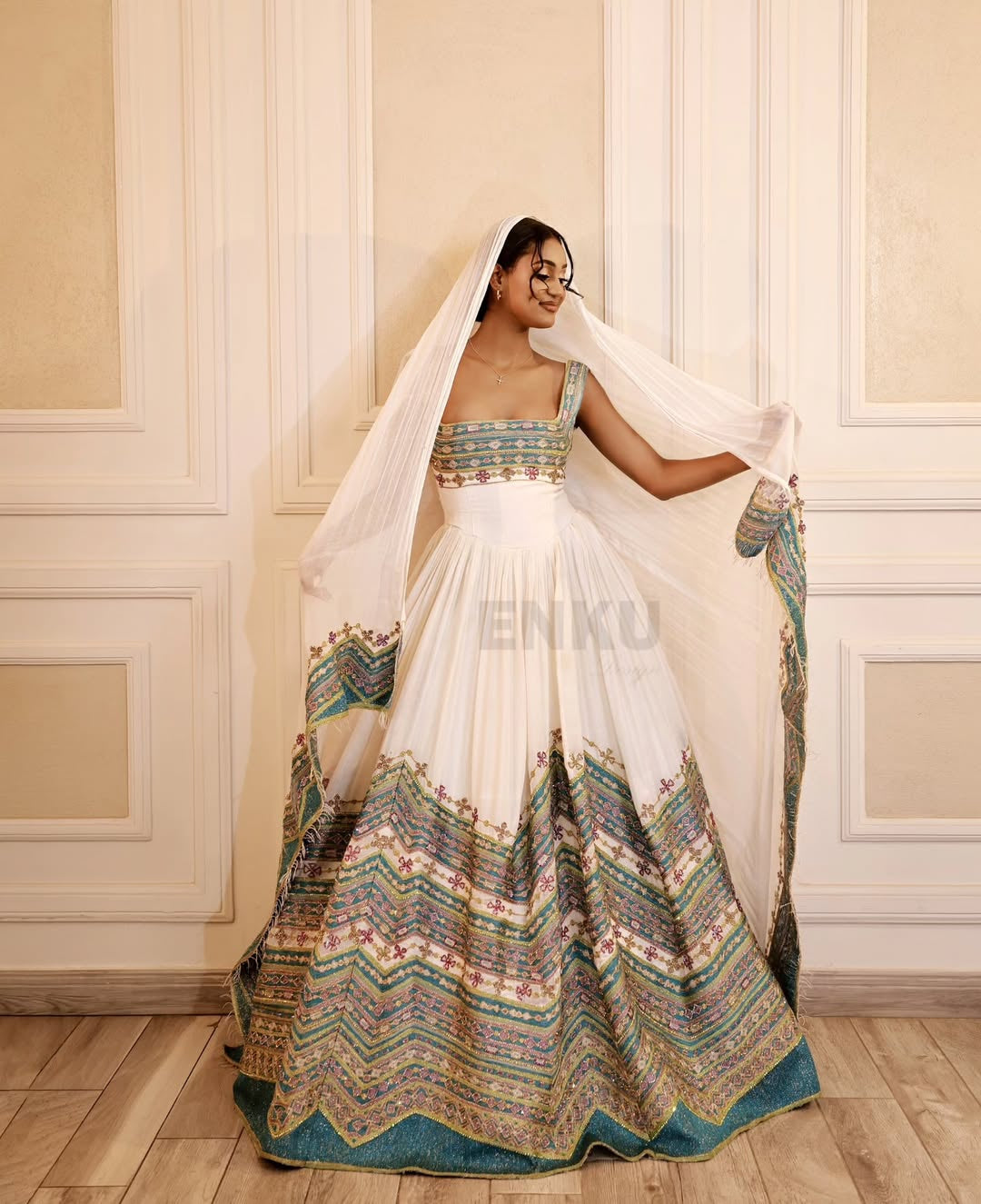 Modern Bridal Emerald Green Habesha wedding Dress – Luxury Ethiopian Kemis by ENKU Design
