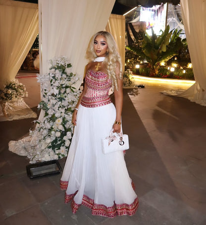 Red Contemporary Habesha Kemis – Ethiopian Evening Gala Dress with Tilf Details & Modern Silhouette