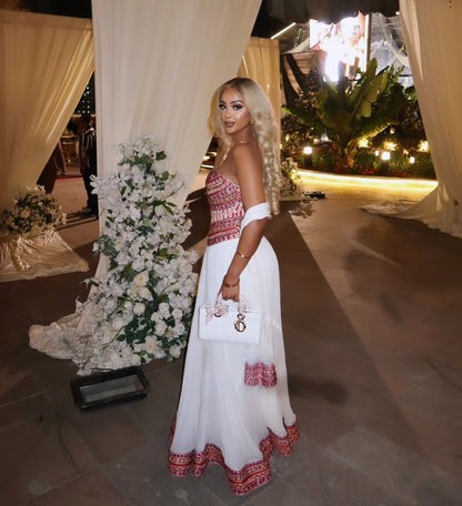 Red Contemporary Habesha Kemis – Ethiopian Evening Gala Dress with Tilf Details & Modern Silhouette
