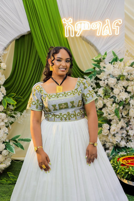 Green Full Tibeb Habesha Wedding Dress for Bridesmaids – Traditional Ethiopian Outfit for Bridal Celebrations