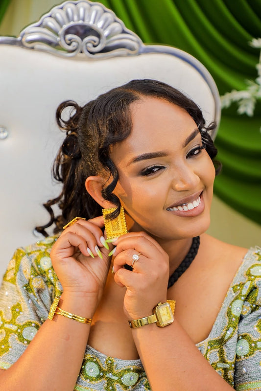 Green Full Tibeb Habesha Wedding Dress for Bridesmaids – Traditional Ethiopian Outfit for Bridal Celebrations