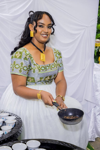 Green Full Tibeb Habesha Wedding Dress for Bridesmaids – Traditional Ethiopian Outfit for Bridal Celebrations