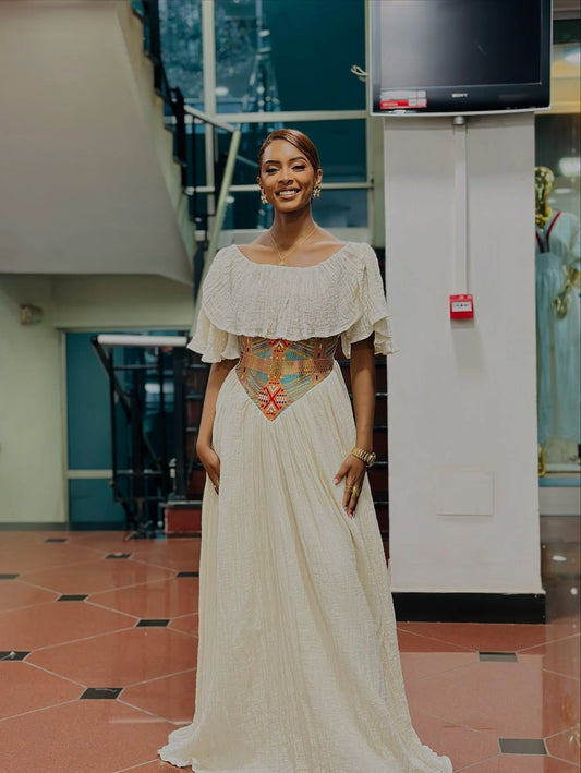 Ethiopian Habesha Clothes | Biege Elegant Dress for Special Occasions