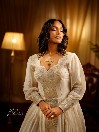 Women's White Traditional Cotton Habesha Zuria for Wedding Guests | Traditional Ethiopian Dress with Tilf Border