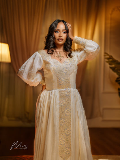 Women's White Traditional Cotton Habesha Zuria for Wedding Guests | Traditional Ethiopian Dress with Tilf Border