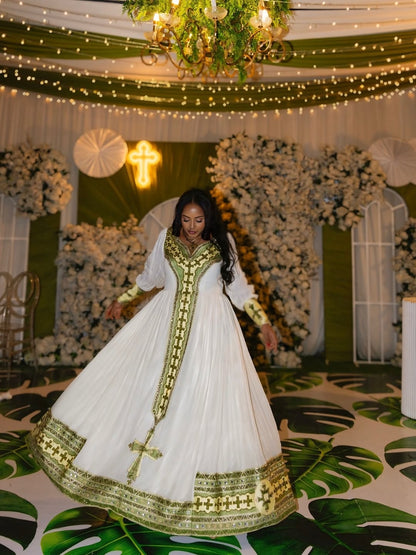 Green Habesha Kemis – Luxurious Ethiopian Dress for Weddings & Special Celebrations