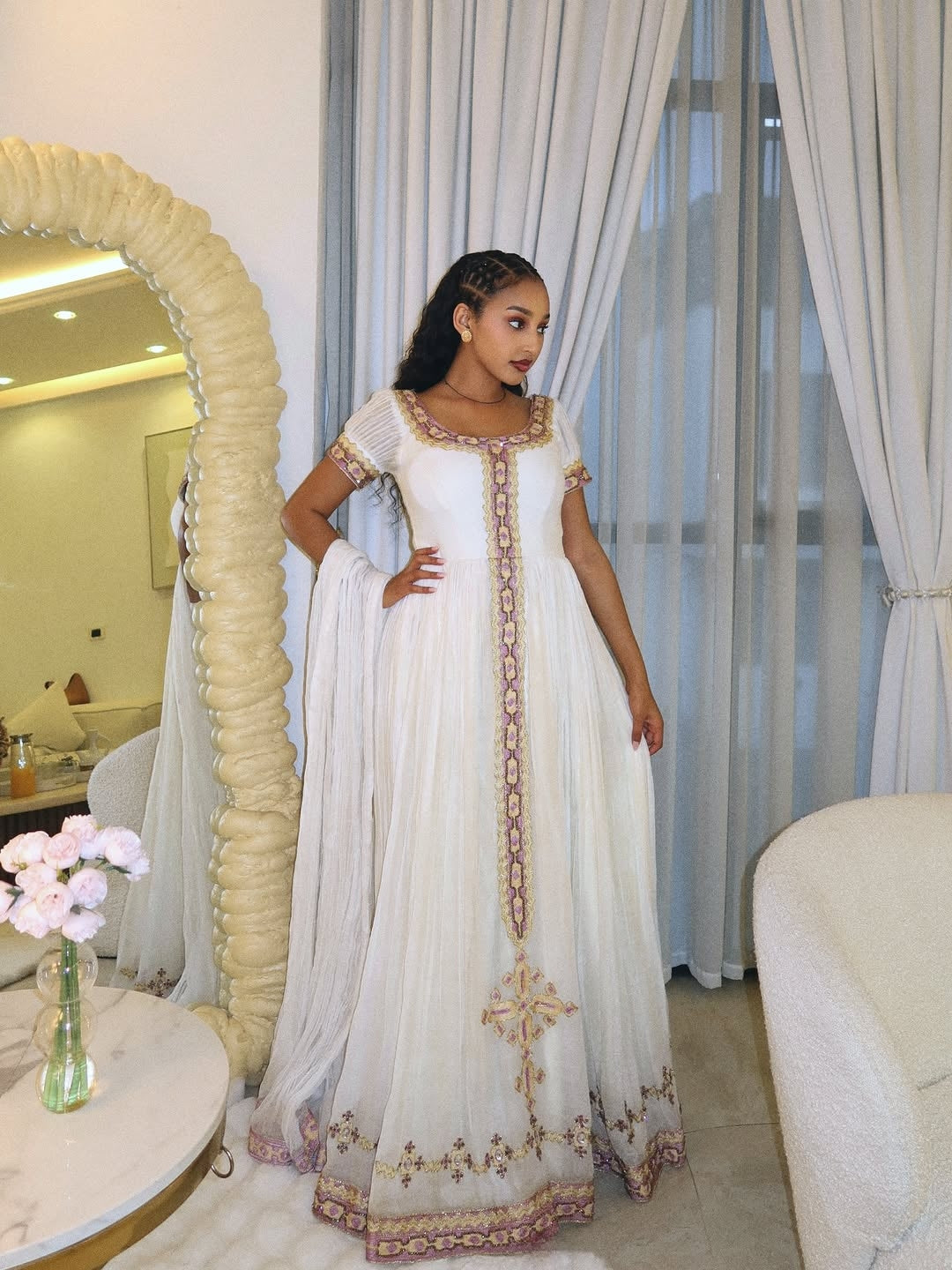 Gold Habesha Kemis – Luxury White and Gold Embroidered Traditional Ethiopian Dress for Brides & Melsi