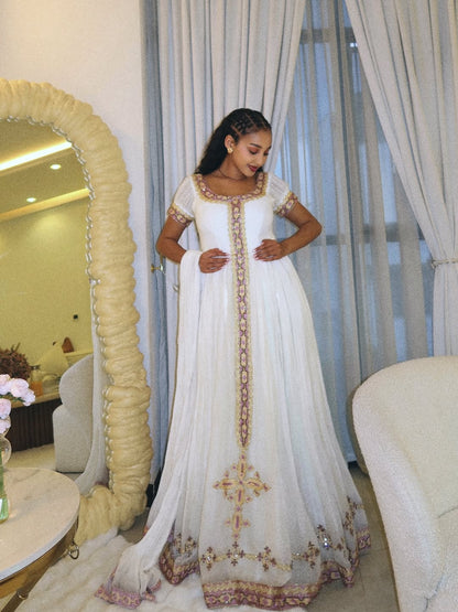 Gold Habesha Kemis – Luxury White and Gold Embroidered Traditional Ethiopian Dress for Brides & Melsi