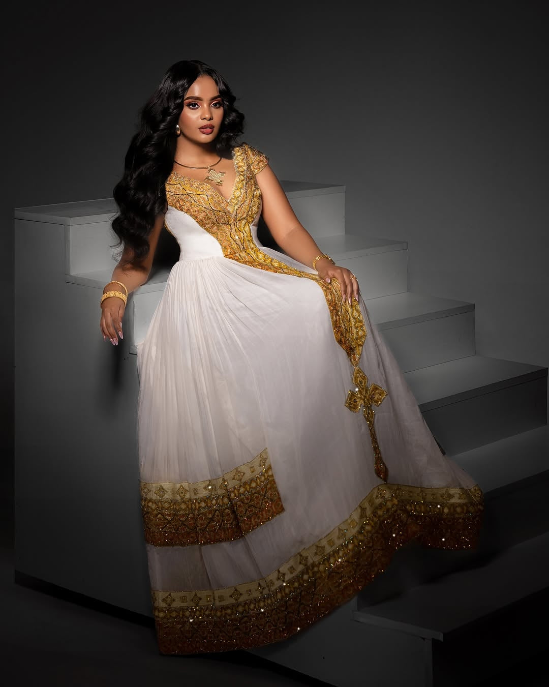 Gold Habesha dress – Luxury Ethiopian traditional Dress with Wide Tilf Embroidery