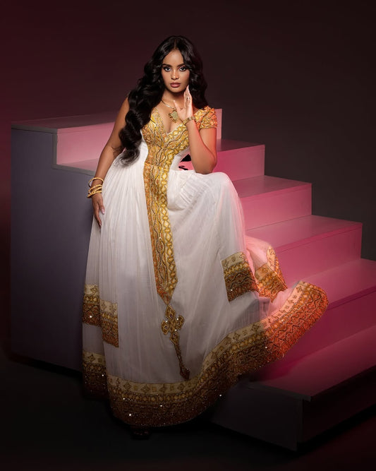 Gold Habesha dress – Luxury Ethiopian traditional Dress with Wide Tilf Embroidery
