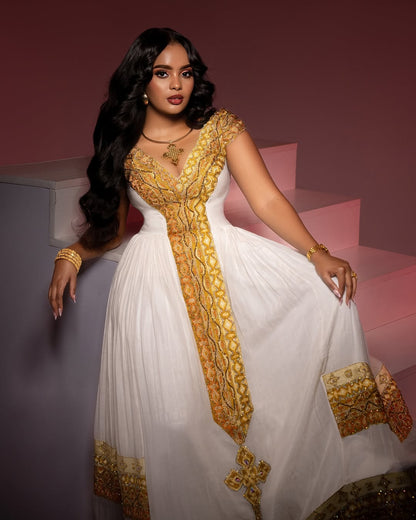 Gold Habesha dress – Luxury Ethiopian traditional Dress with Wide Tilf Embroidery