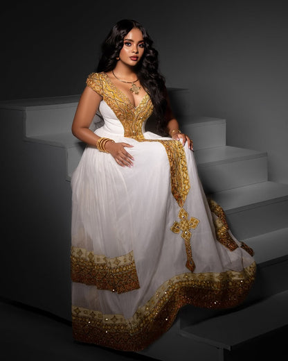 Gold Habesha dress – Luxury Ethiopian traditional Dress with Wide Tilf Embroidery