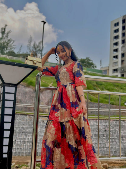 Red Habesha Chiffon in Lightweight dress Tibeb Design for Celebrations