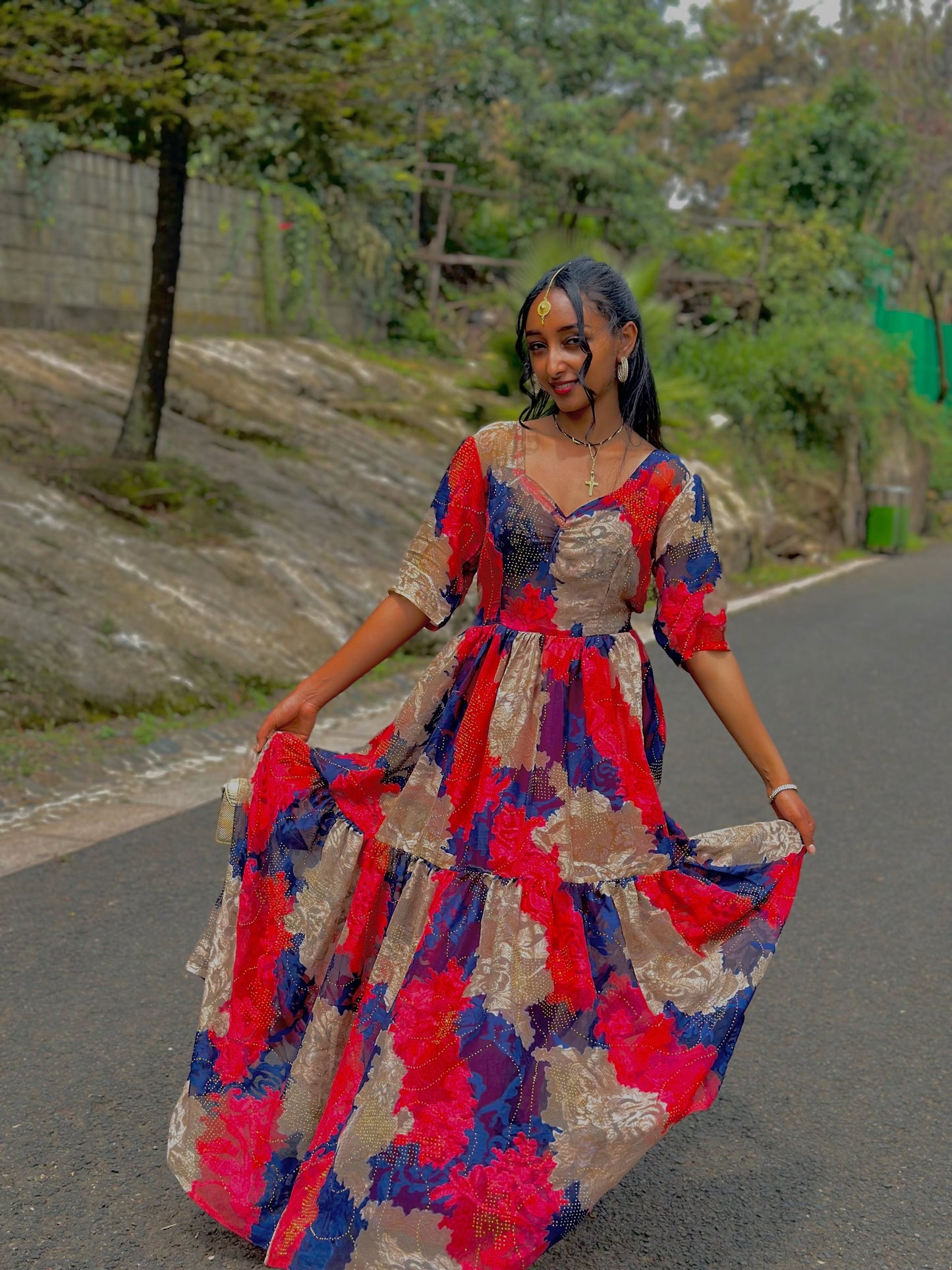 Red Habesha Chiffon in Lightweight dress Tibeb Design for Celebrations