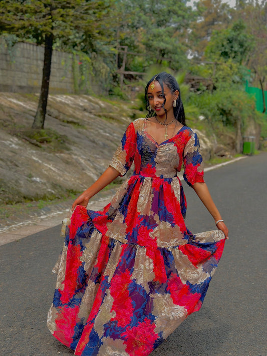 Red Habesha Chiffon in Lightweight dress Tibeb Design for Celebrations