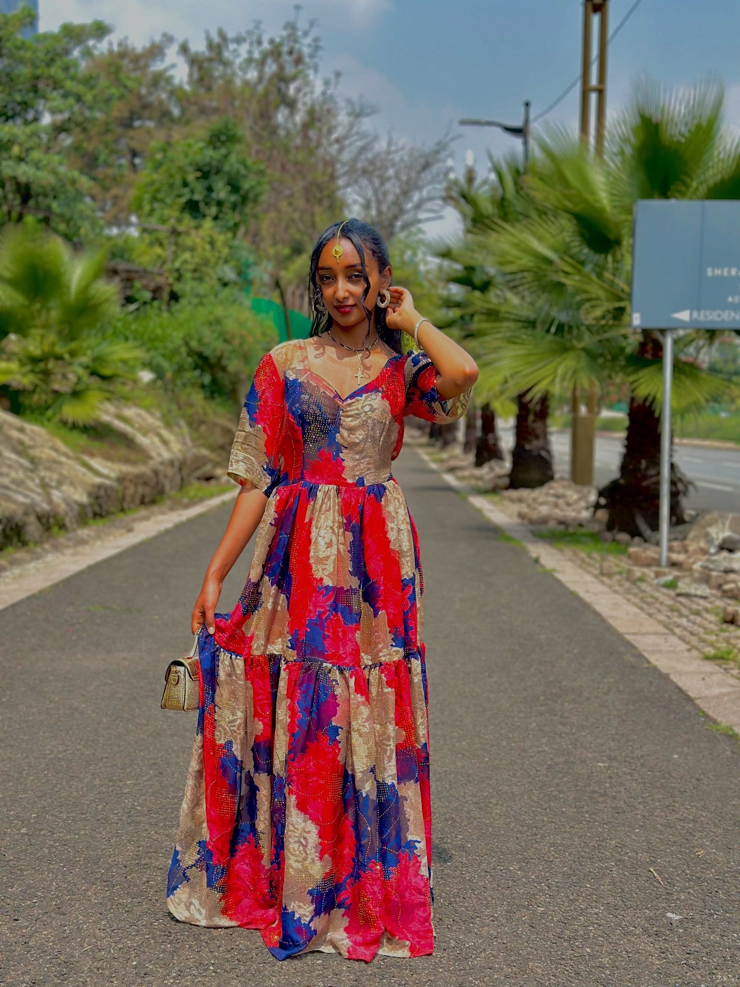 Red Habesha Chiffon in Lightweight dress Tibeb Design for Celebrations