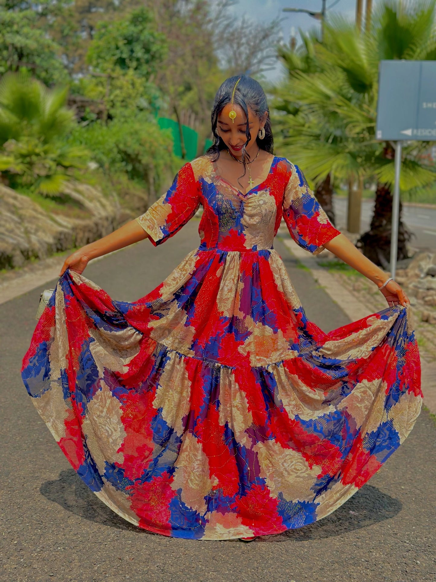 Red Habesha Chiffon in Lightweight dress Tibeb Design for Celebrations