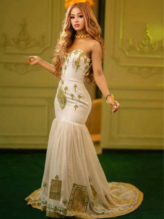 Green Ethiopian Libs – Mermaid Style Traditional Dress with Flowing Skirt for Weddings & Cultural Events