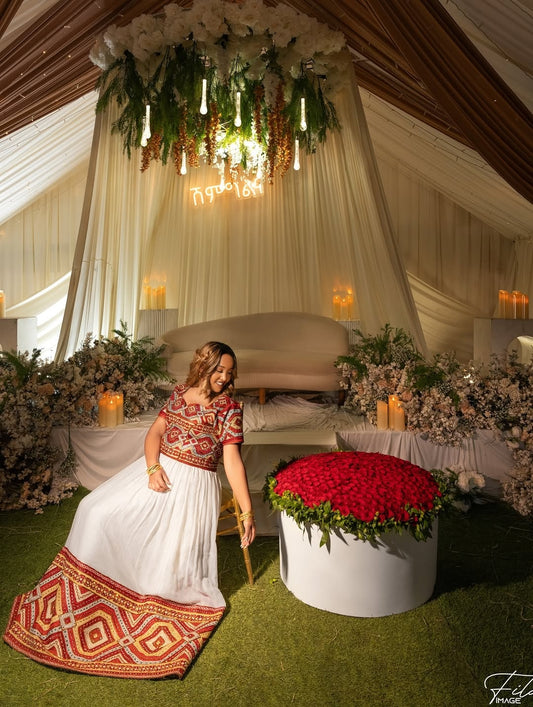 Red Habesha Wedding Dress – Full & Wide Tibeb Luxurious Ethiopian Bridal Kemis
