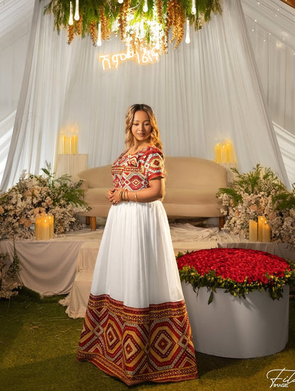 Red Habesha Wedding Dress – Full & Wide Tibeb Luxurious Ethiopian Bridal Kemis
