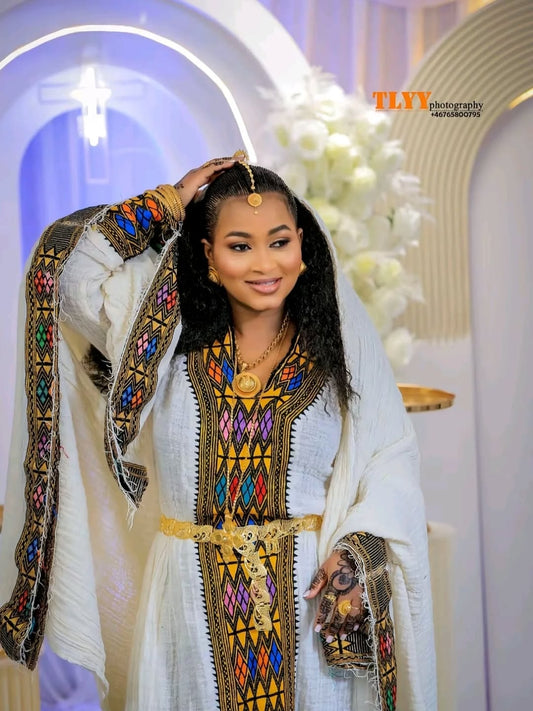 Multi Color Ethiopian Kemis – Luxury Cultural Dress with Handwoven Embroidery for Bridal Ceremonies, Engagements & Formal Events