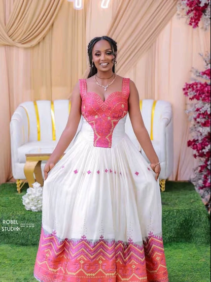Red Ethiopian Traditional Dress – Modern Embroidered Wedding Dress with New Style & Elegant Design