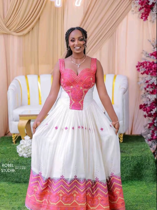 Red Ethiopian Traditional Dress – Modern Embroidered Wedding Dress with New Style & Elegant Design